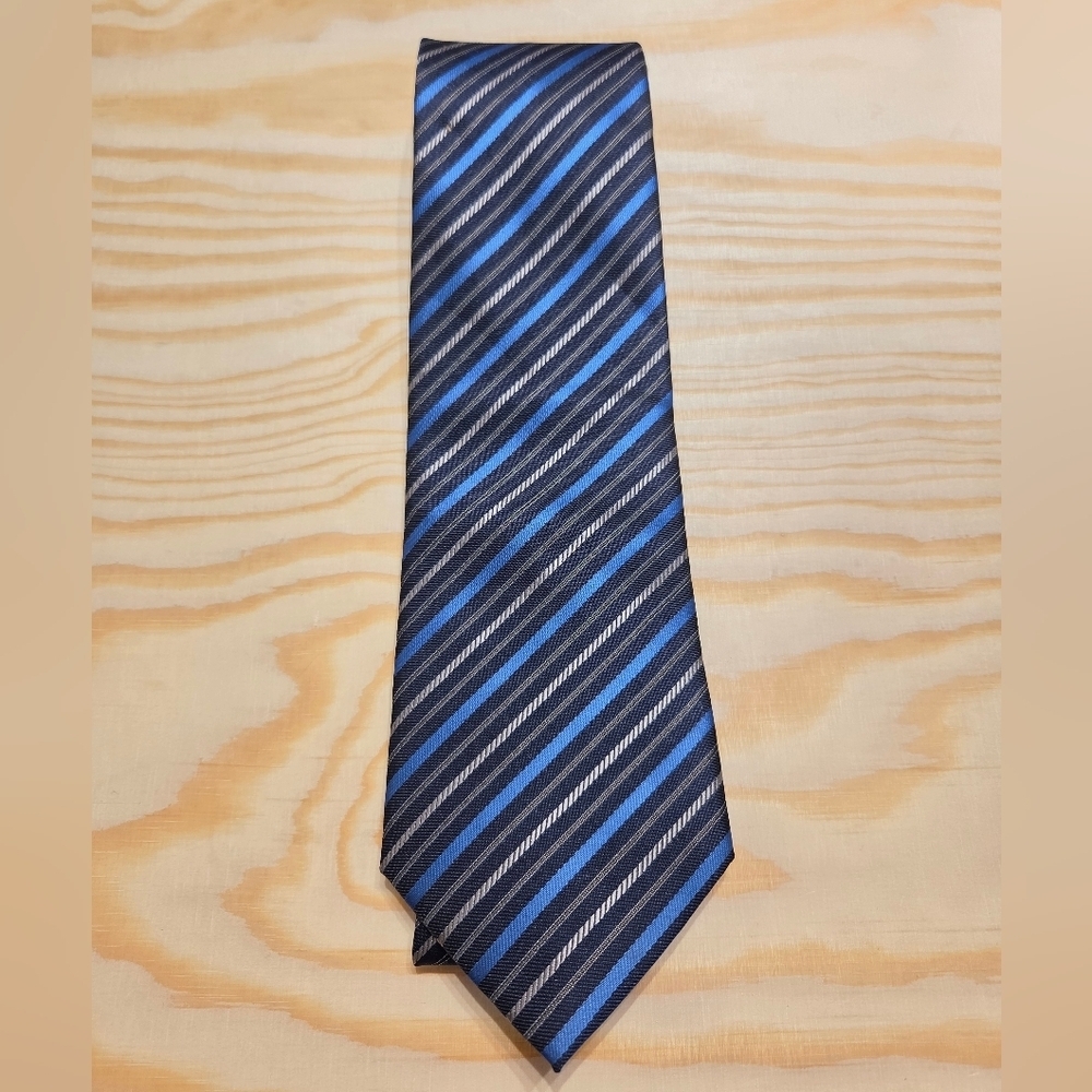 Striped Blue, Silver, Gray & Black Tie